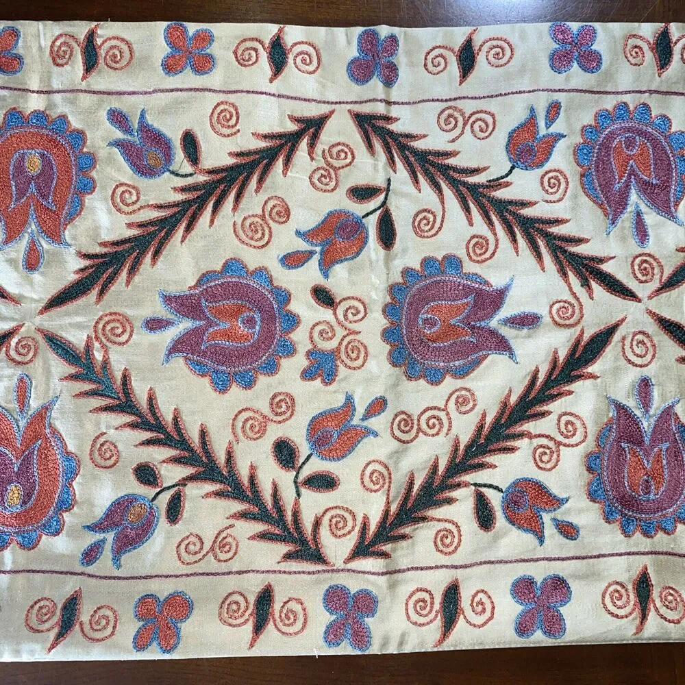 Handmade Embroidered Pillow Cover 3D Bright Floral Vine 17 X 34.5” Boho Cottage